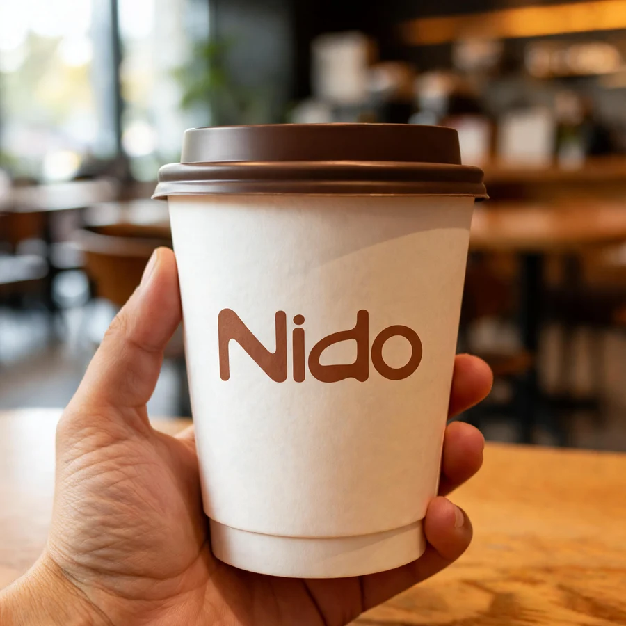 Vaso de café con la identidad de Nido