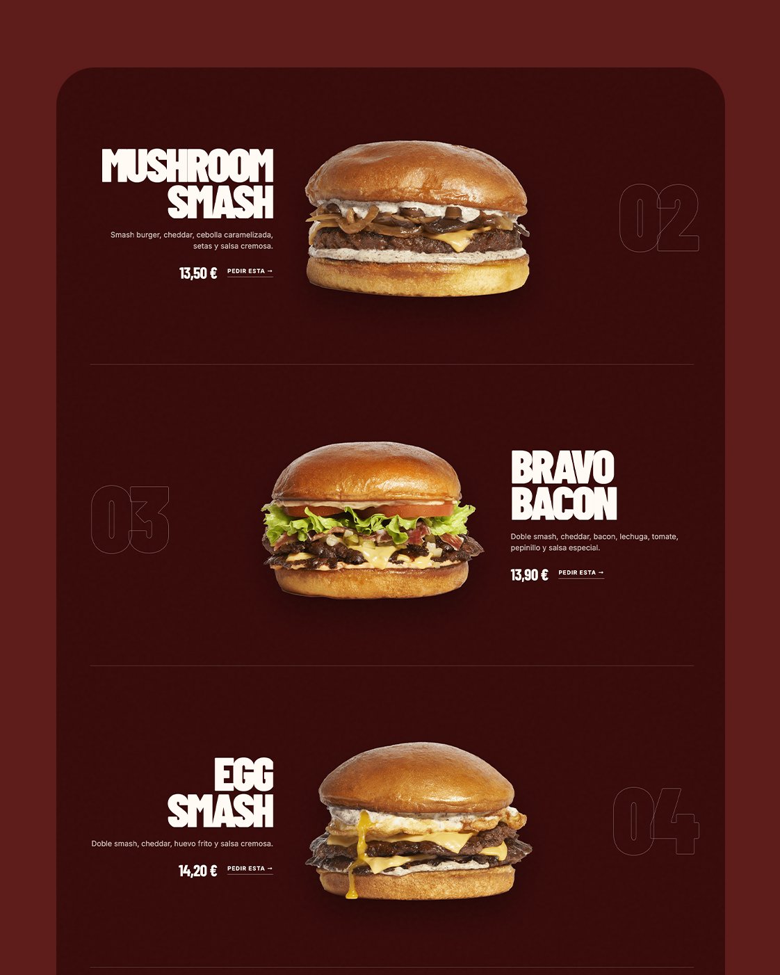 Catálogo de hamburguesas en la web de Bravo