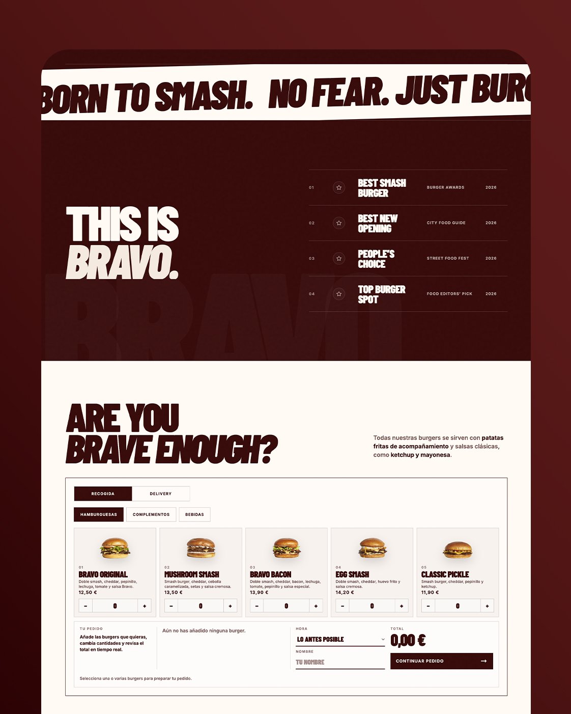 Diseño web de Bravo con presentación de marca y sistema de pedido