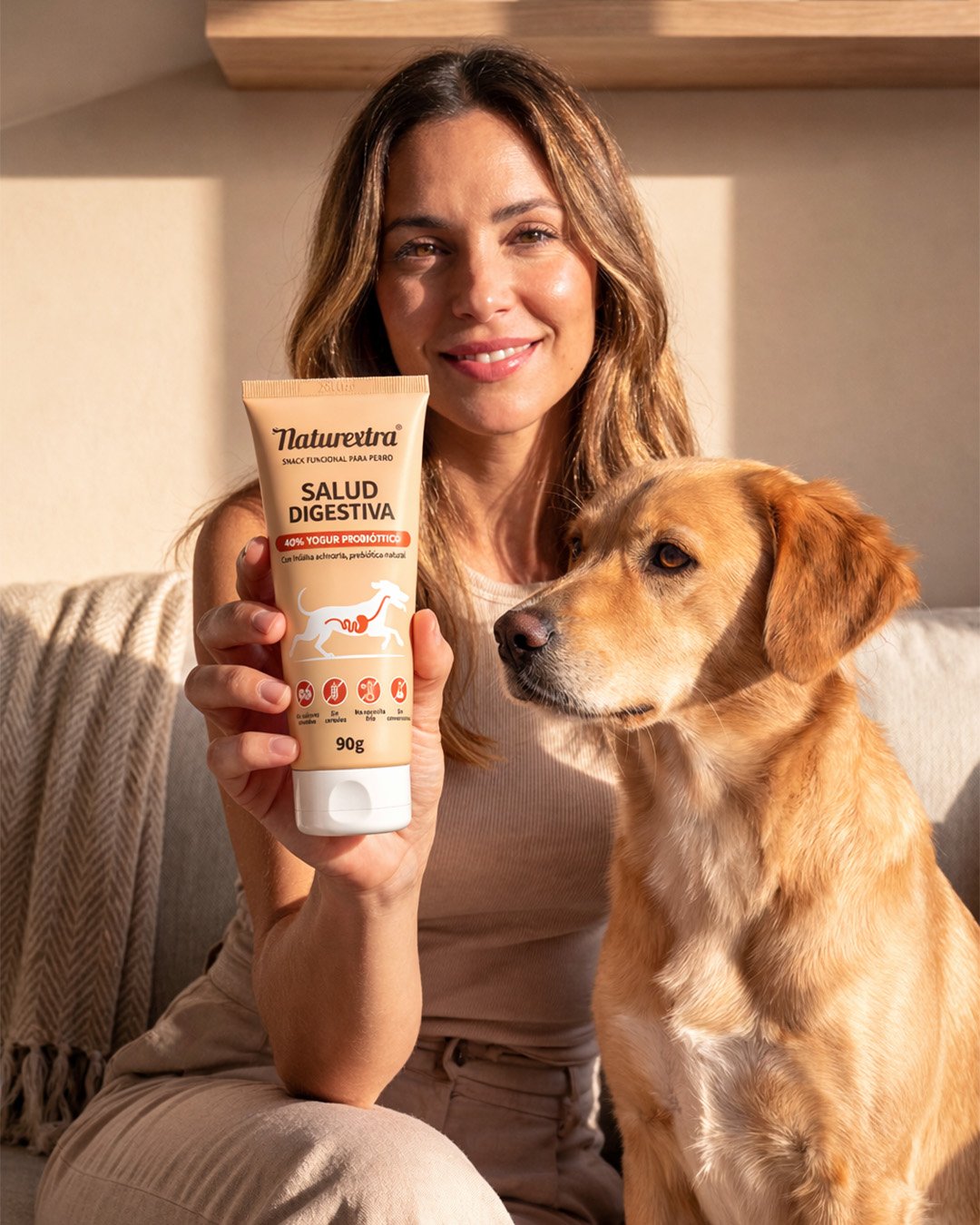 Persona mostrando un snack funcional de Naturextra junto a su perro
