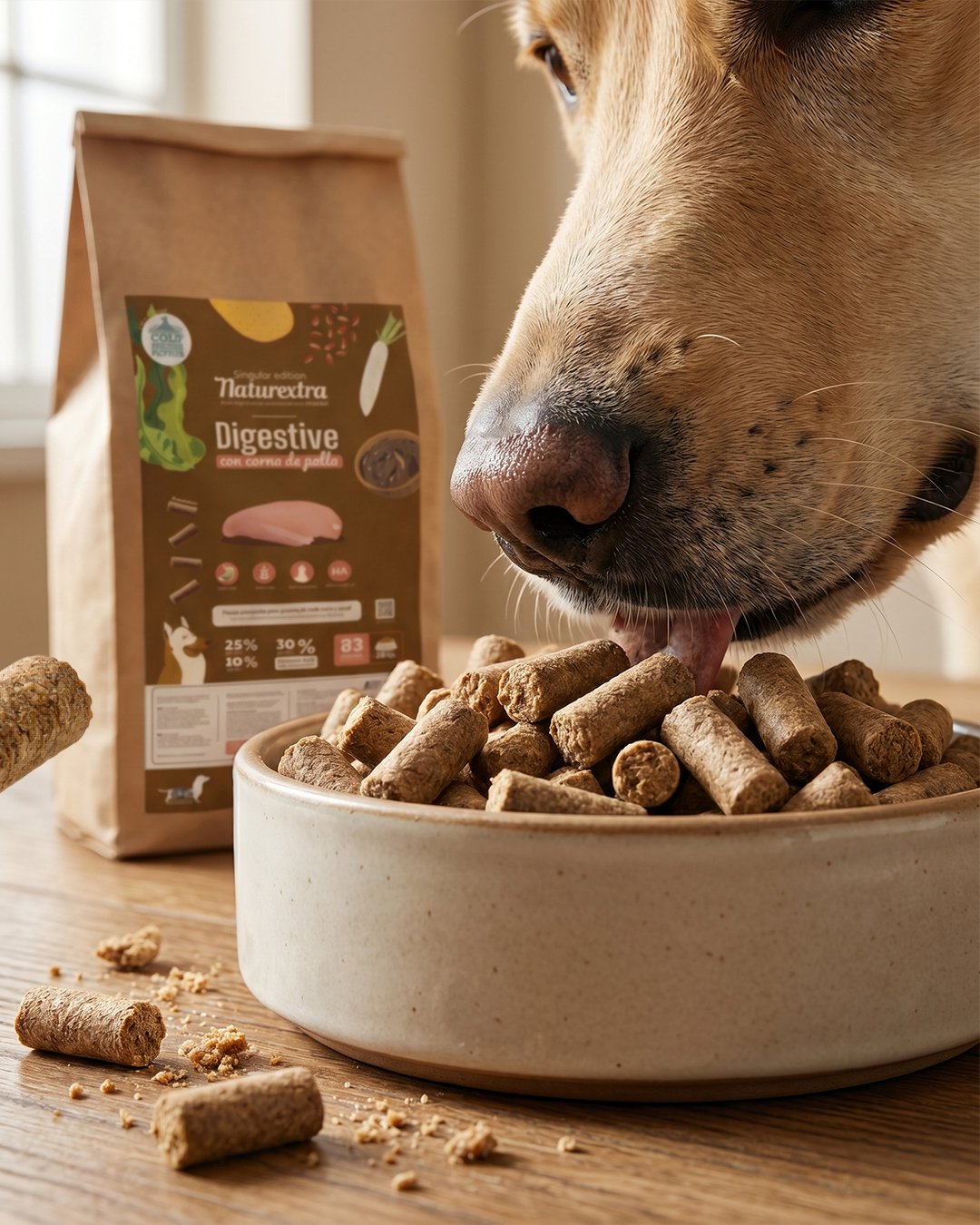 Perro junto a un envase de snacks Naturextra
