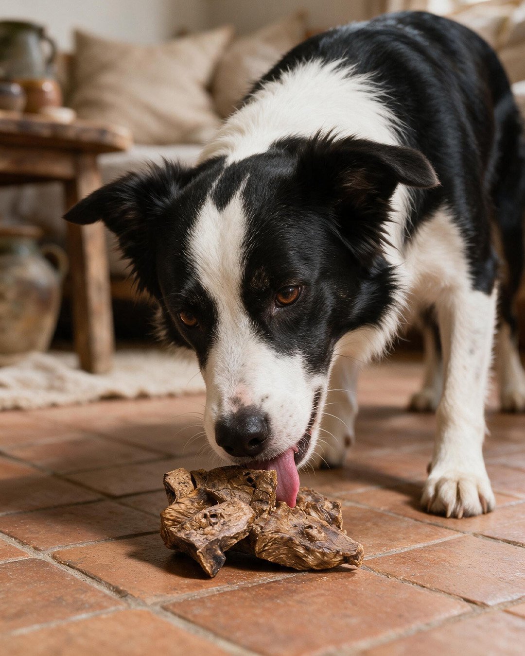Perro probando bocados deshidratados de Naturextra