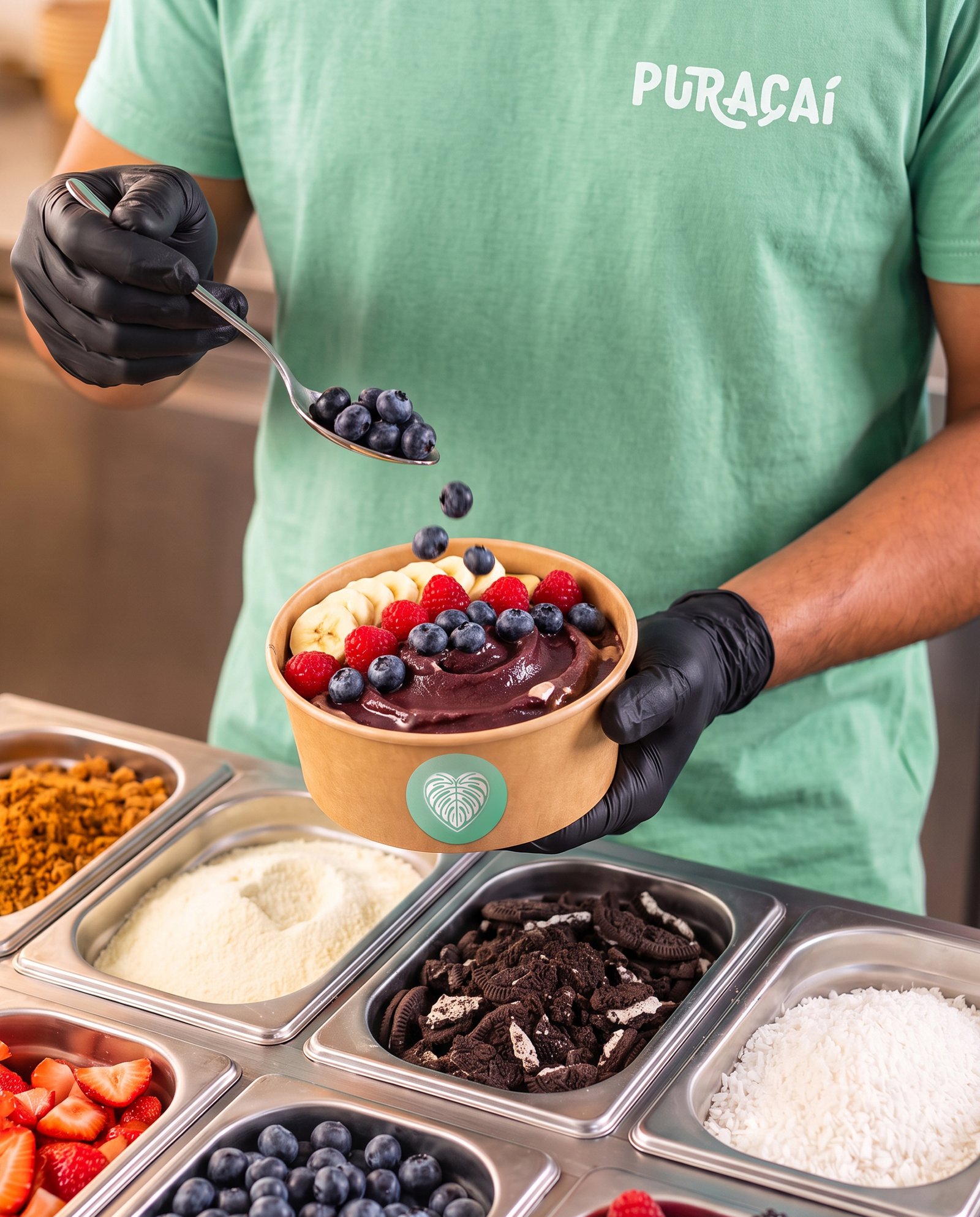 Preparación de un bowl de açaí con fruta y el isotipo de Puraçaí