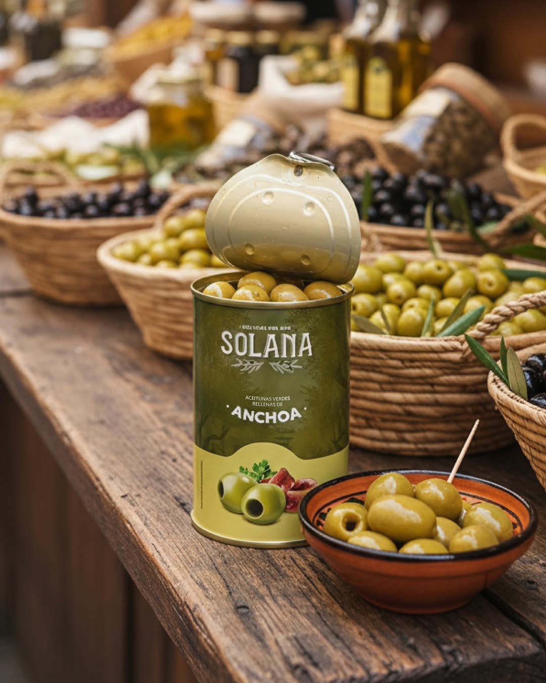 Lata de aceitunas Solana en un mercado