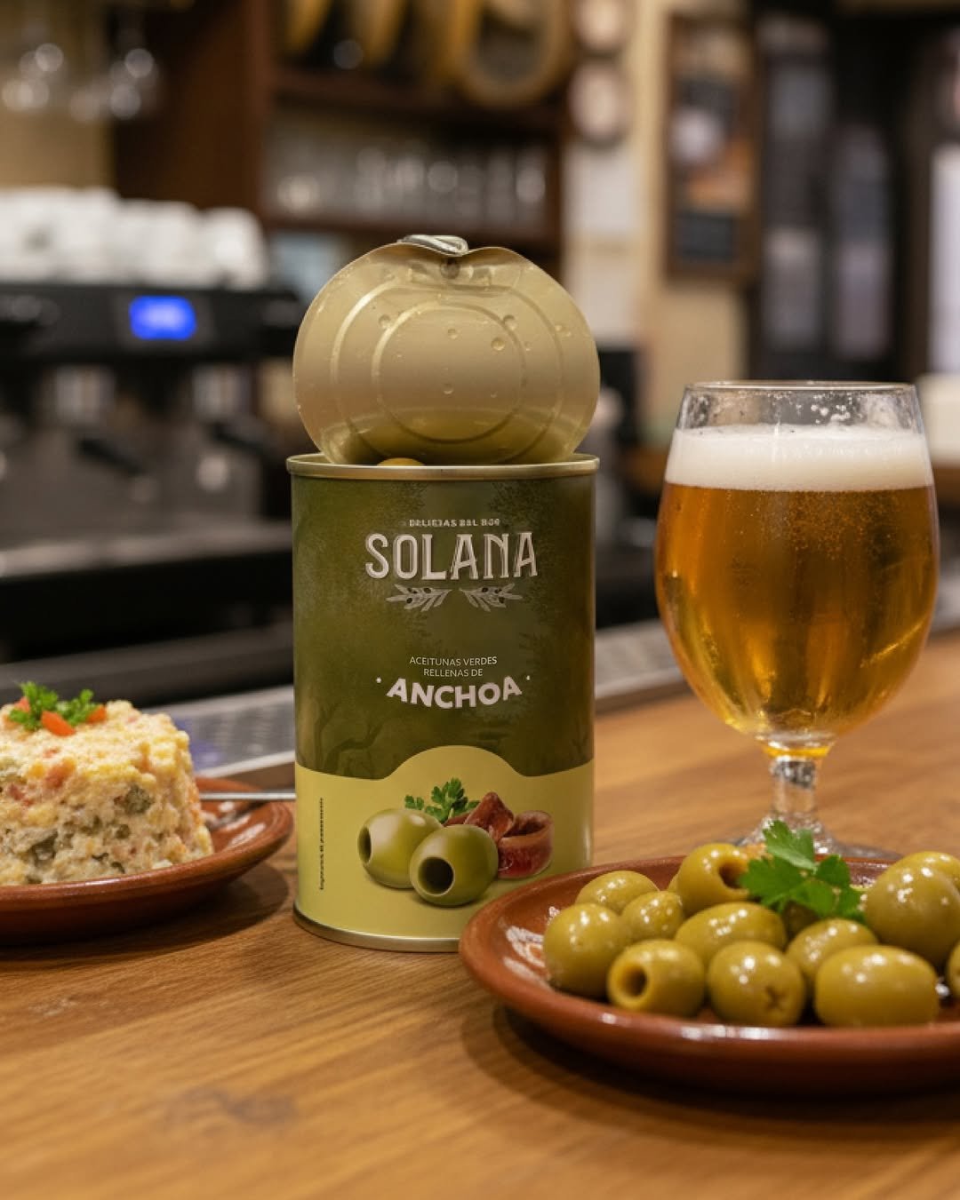 Lata de aceitunas Solana en un entorno de hostelería