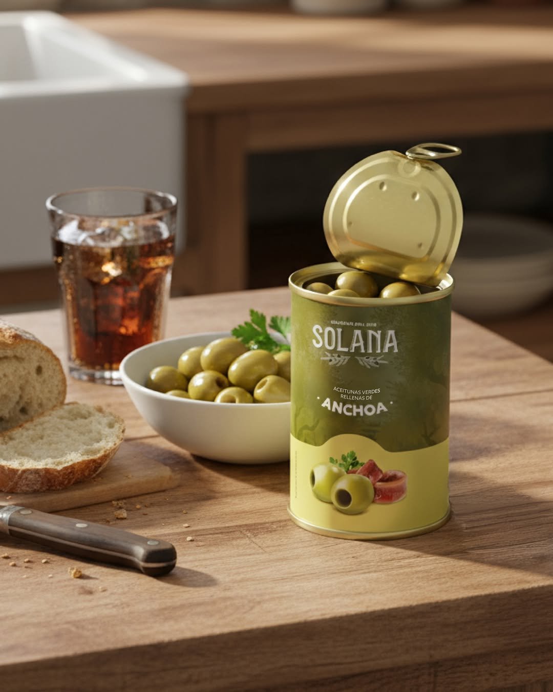 Envase de aceitunas Solana servido en mesa