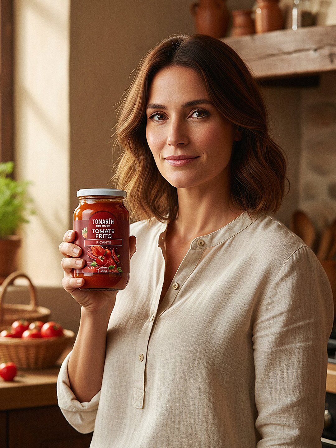 Persona mostrando un tarro de tomate frito Tomarín