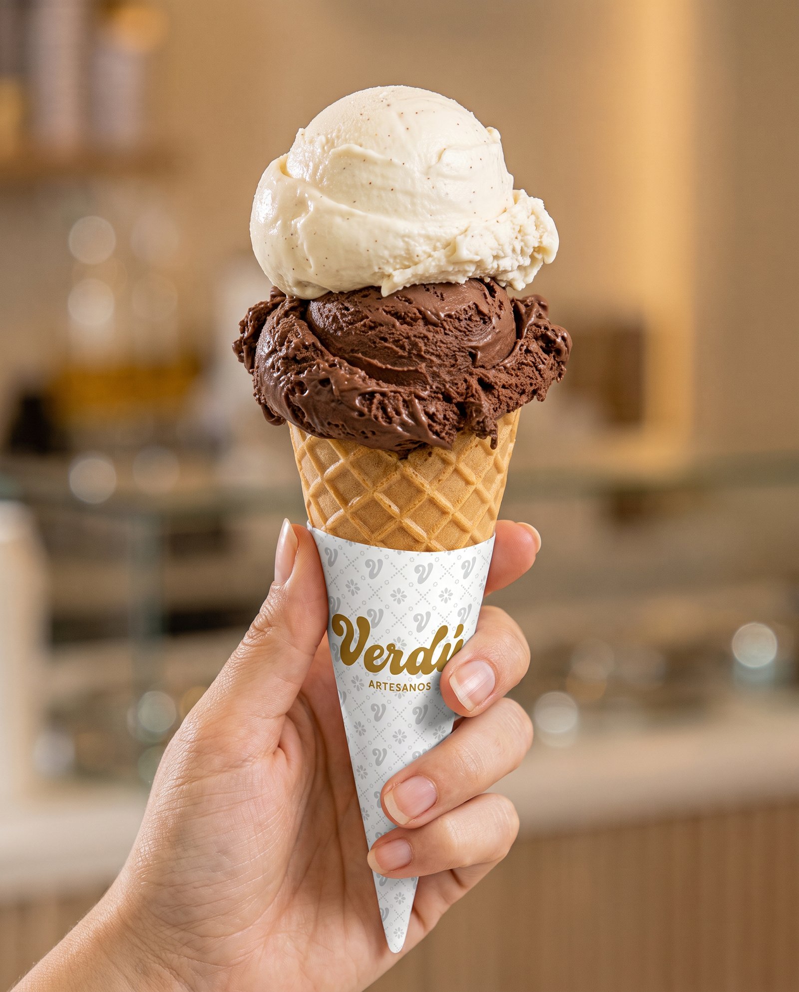 Cono de helado de Verdú Artesanos con aplicación de marca